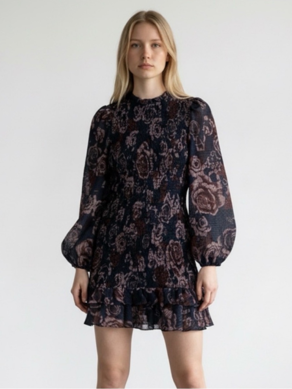 Zara Navy Floral Smocked Dress with Balloon Sleeves S